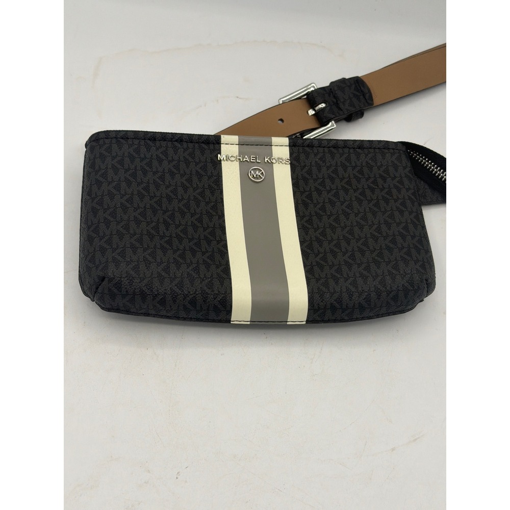 NWOT Michael Kors Signature Monogram Stripe Belt Bag Fanny Pack Black/Grey